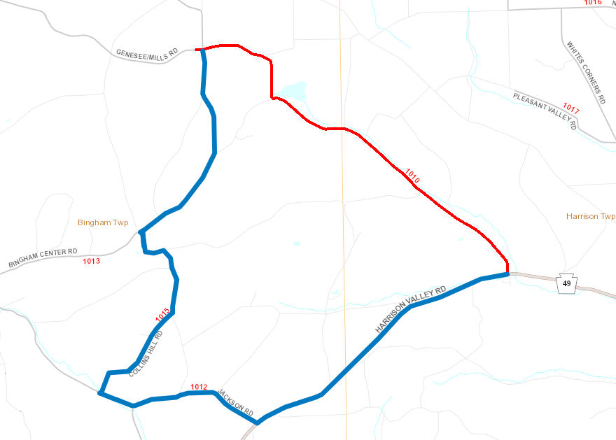 Route 1010 (Genesee Mills Road) detour map