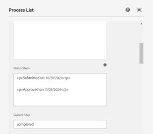 Process List authoring with Status Steps field filled with embed code, and Current Step field filled with "Completed."