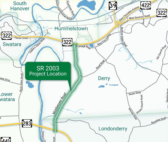 Location of Middletown Road safety and congestion improvement project in Dauphin County.
