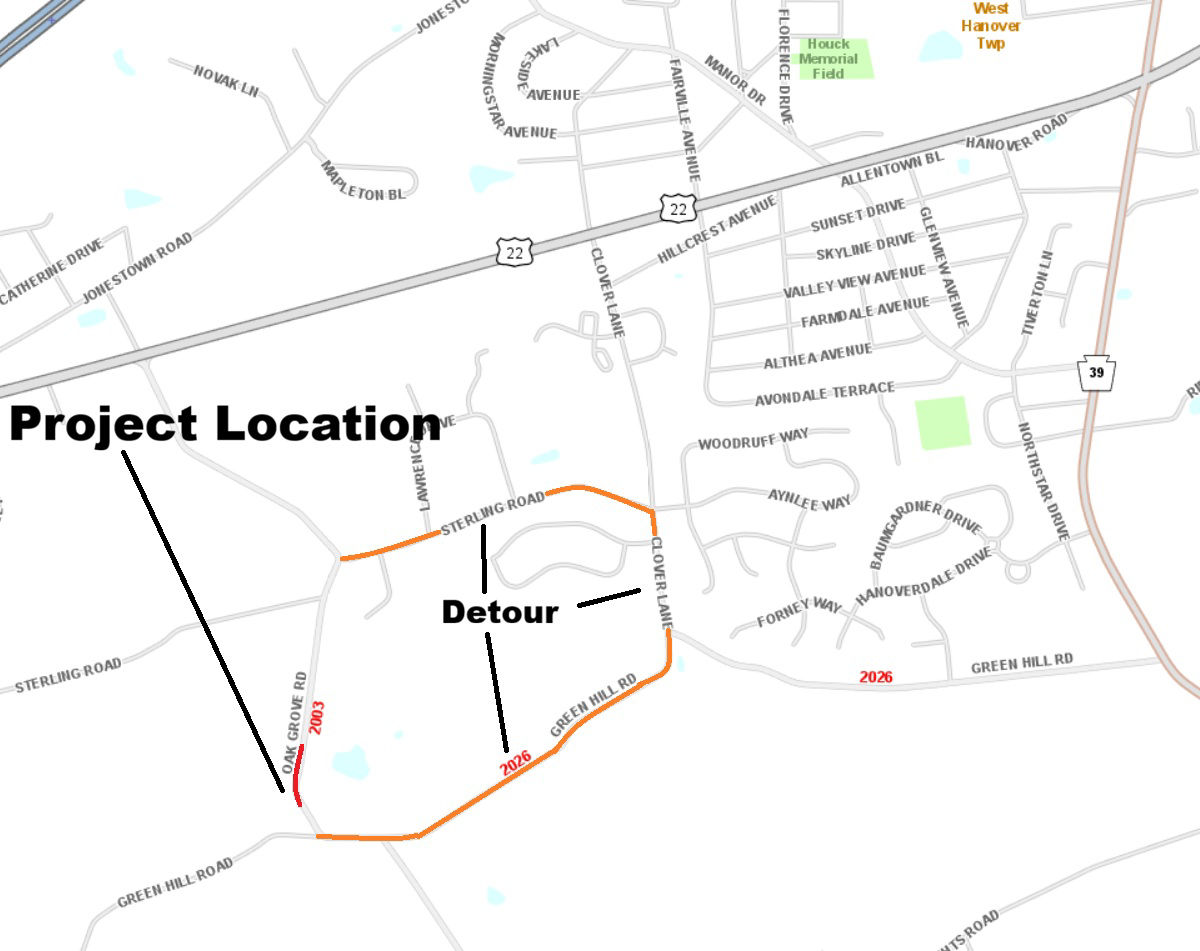 map indicating project location and detour route