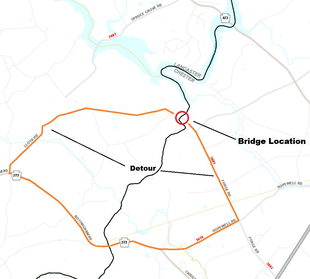 Location of Ashville Road covered bridge in Lancaster County.