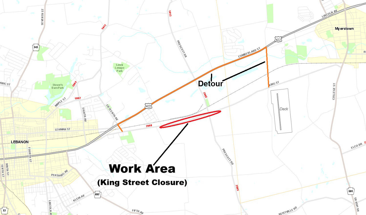 map indicating project location and detour route