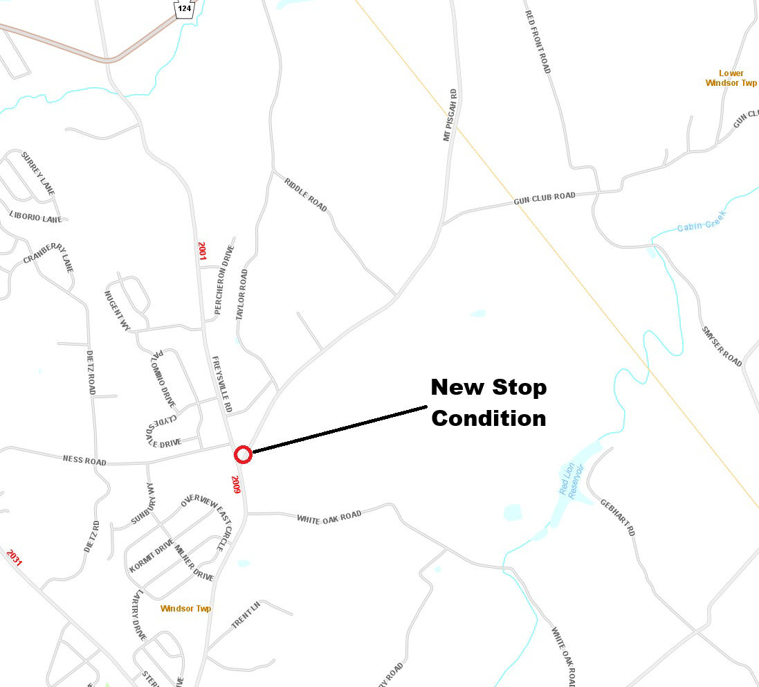Map shows location of new stop condition planned at Mount Pisgah Road/Freysville Road intersection in Windsor Township, York County.