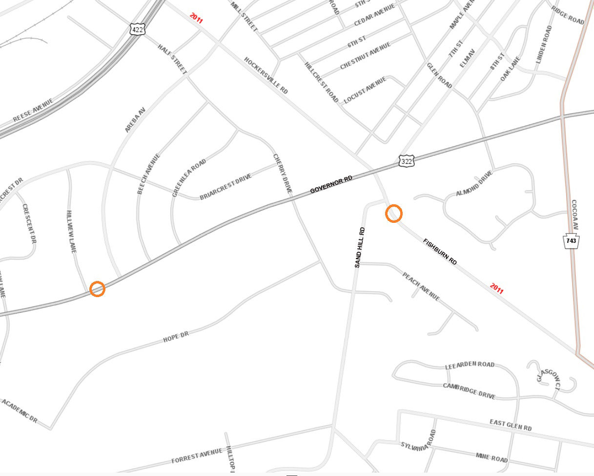 The location of two sinkholes that will be repaired Monday, July 7, in Derry Township, Dauphin County.