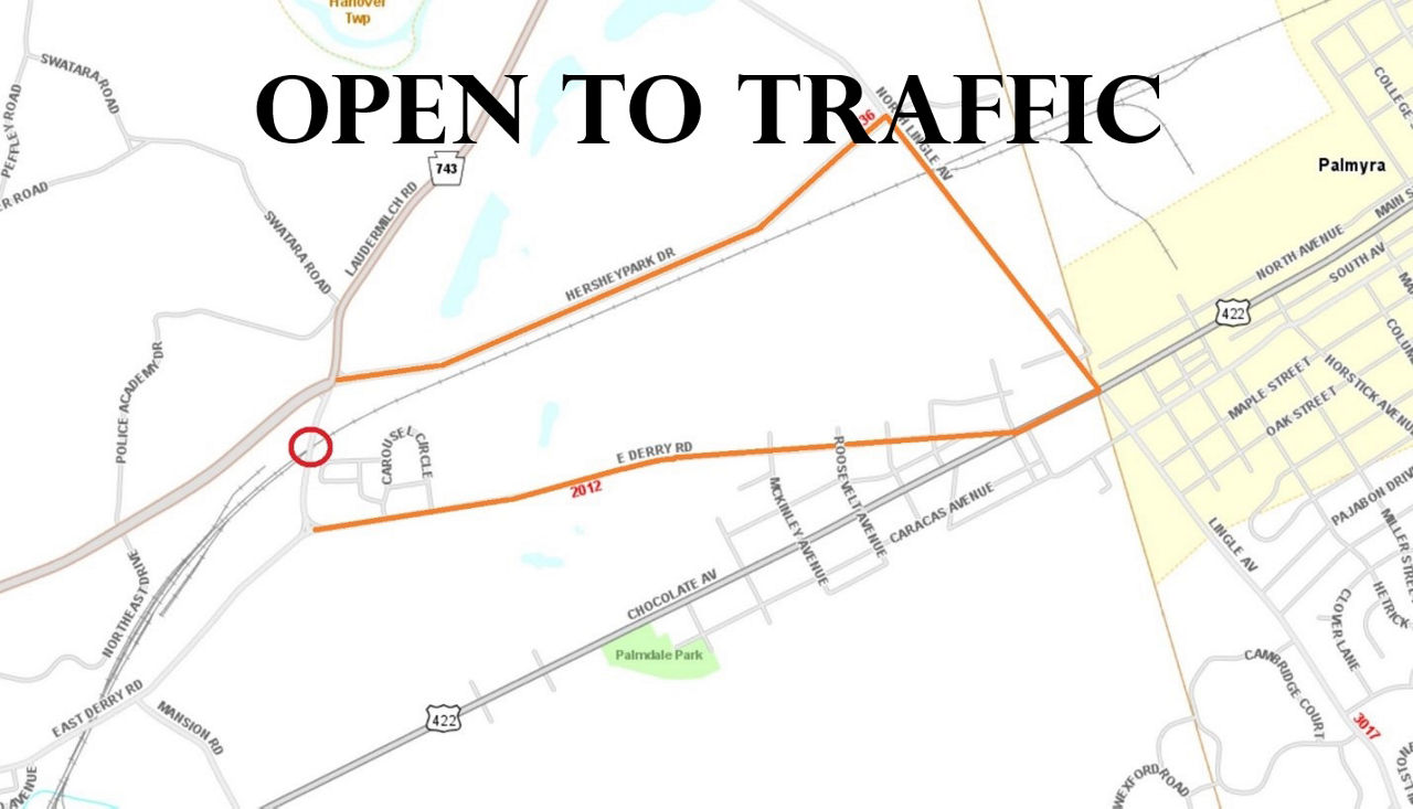 Graphic announces Laudermilch Road Bridge is open to traffic.
