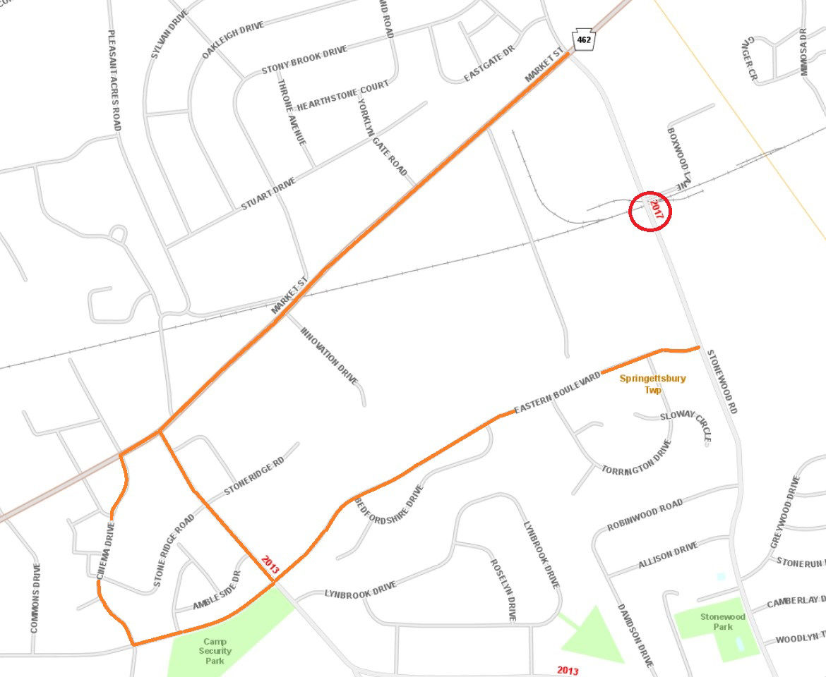Location of Stonewood Road railroad crossing work in York County.