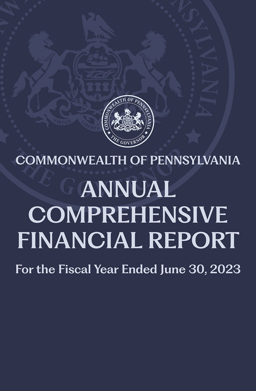 Navy blue background with PA seal as watermark and title Commonwealth of Pennsylvania Annual Comprehensive Financial Report for the Fiscal Year Ended June 30, 2023