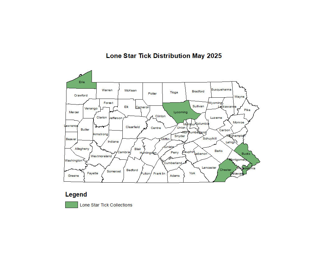 2025 Map Showing Distribution of Lonestar Tick in PA