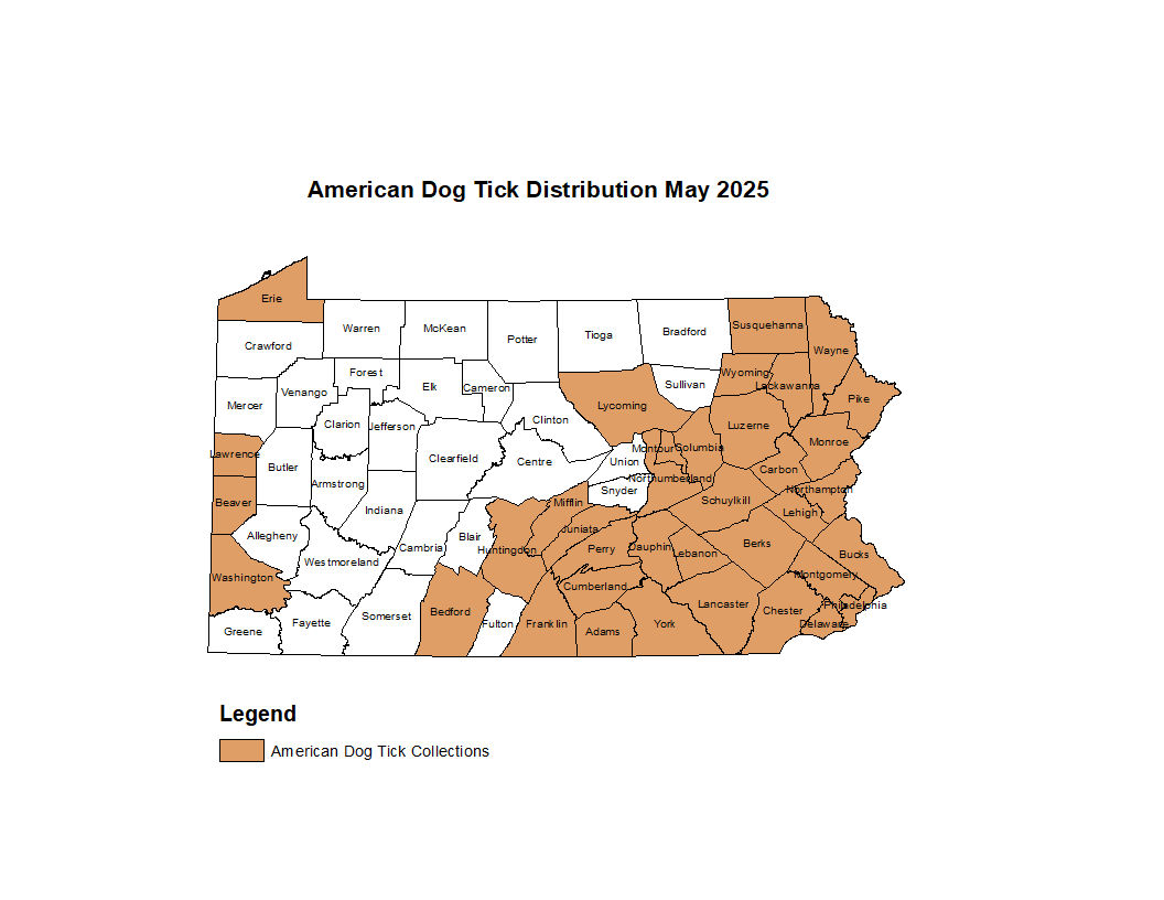2025 Map Showing Distribution of American Dog Tick in PA
