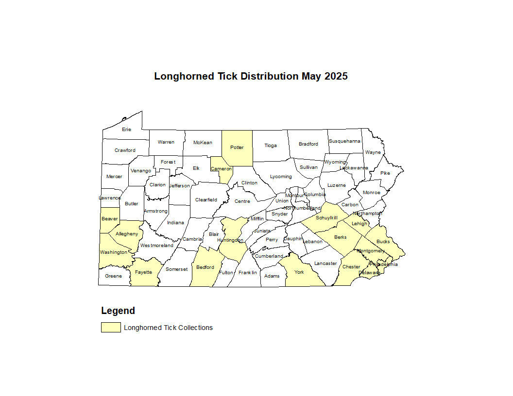 2024 Map Showing Distribution of Asian Longhorned Tick in PA