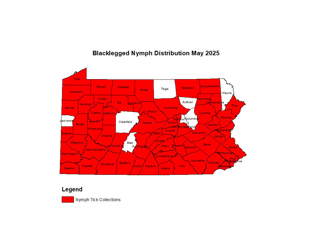 2025 Map Showing Distribution of Blacklegged Tick in PA