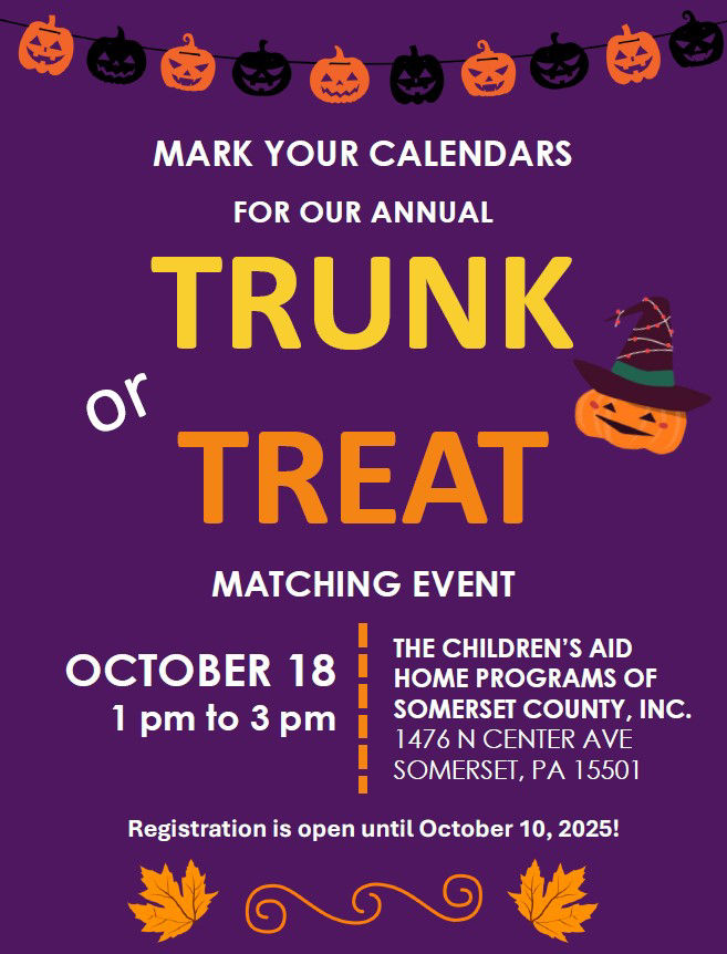 October 18 2025 Children's Aid Home Programs of Somerset County Annual Trunk or Treat Matching Event 