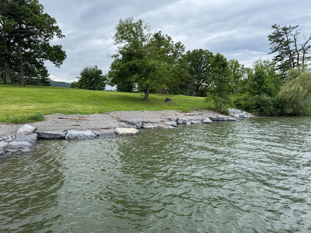 Schenk's Grove Shoreline at Bald Eagle State Park in Centre County with a newly constructed shoreline made of rocks and large boulders.