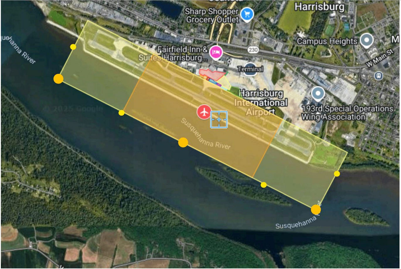 A map showing the boating exclusion zone on the Susquehanna River during an air show