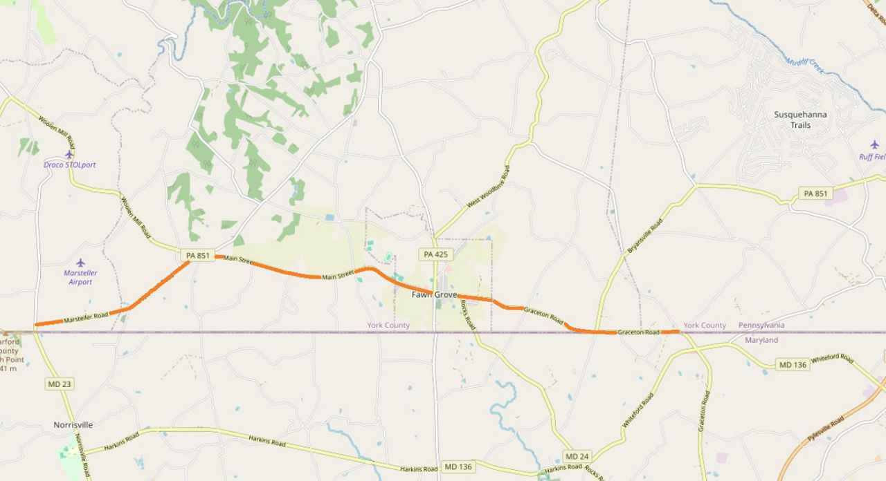 Orange line on map shows location of aerial cable television installation and repairs.