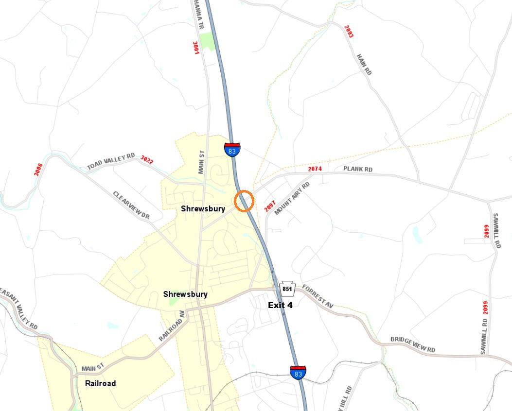 Location of Plank Road bridge over interstate 83 in York County.