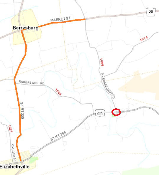 Map shows location of resurfacing next week at Routes 209 and 1009 in Loyalton, Dauphin County.