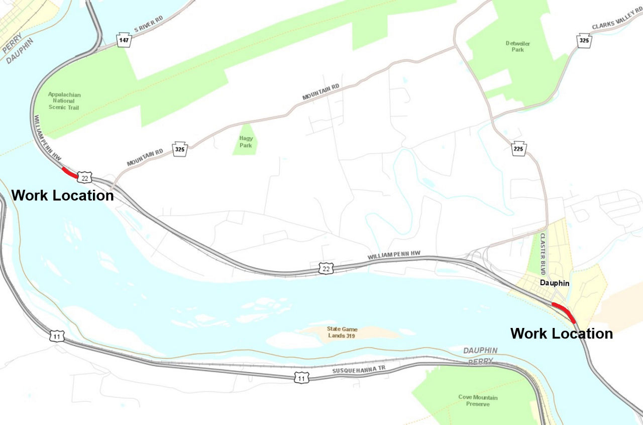Map shows location of high friction surface treatment applications on Route 22/322 in Dauphin County.