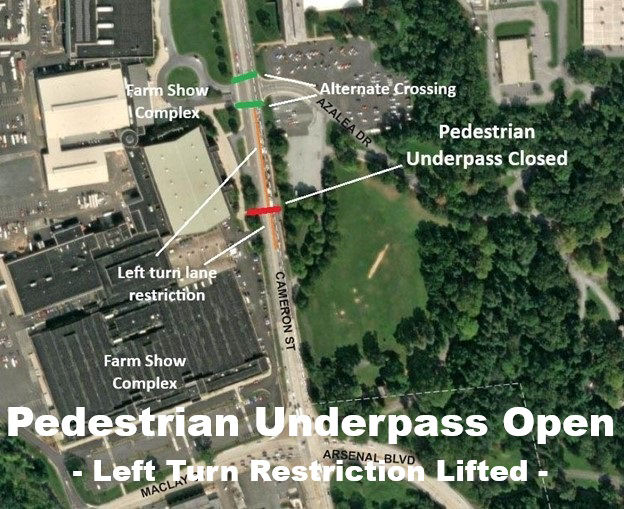 Image shows location of pedestrian underpass and left turn lanes at Cameron Street and Farm Show Complex in harrisburg.