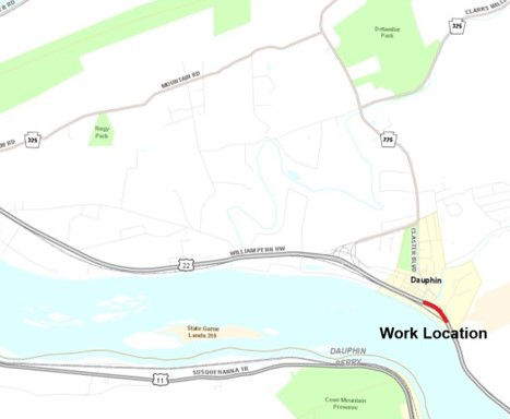 Location of high-friction surface treatment on eastbound Roue 22/322 in Dauphin County.