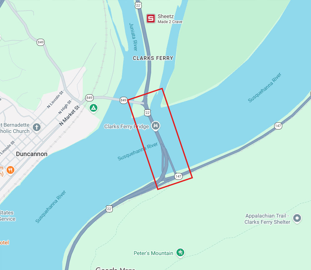 Map shows location of Clarks Ferry bridge inspection in Dauphin County.