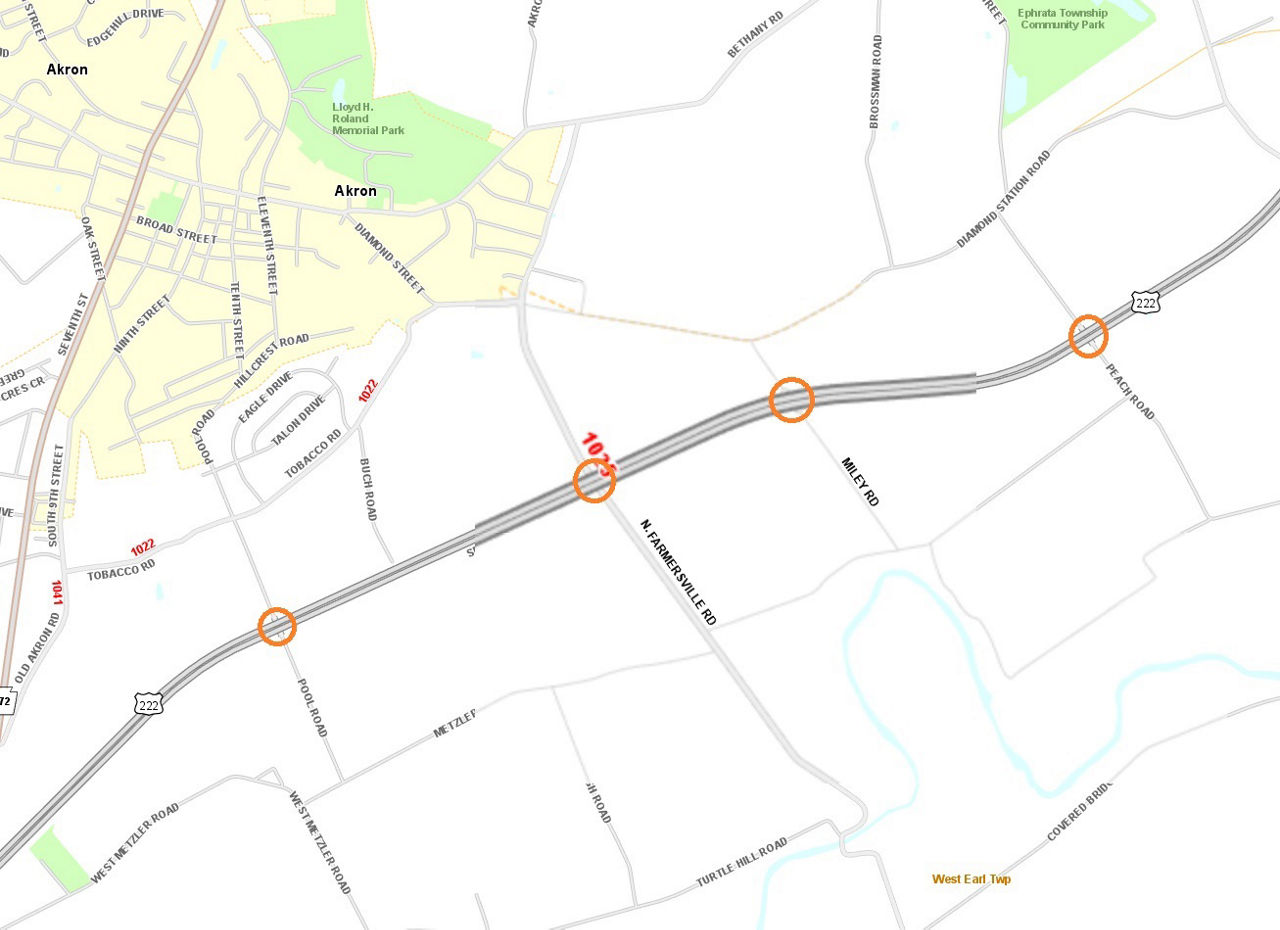 Map shows the location of four bridges spanning Route 222 in Lancaster County that are scheduled to be inspected. 