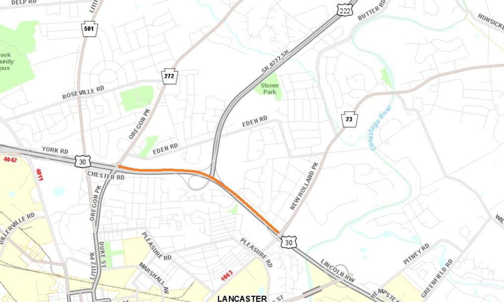 Location of westbound Route 30 lane restrictions in Lancaster County.