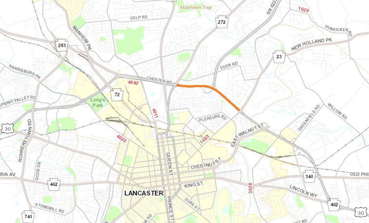 Map shows location of overhead sign work on westbound Route 30 in Lancaster County.