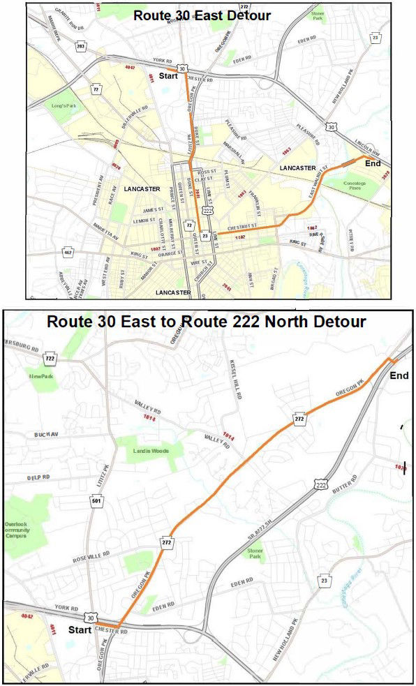 Top two maps show eastbound Route 30 detour and eastbound Route 30 to northbound Route 222 detour.