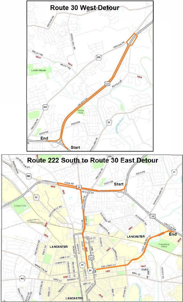 Bottom two maps show westbound Route 30 detour and southbound Route 222 to eastbound Route 30 detour. 