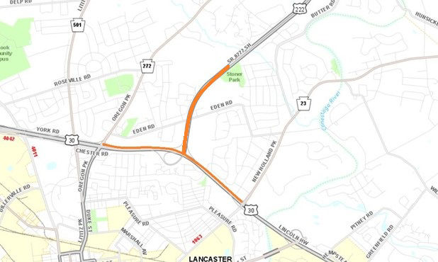 Location of work at the Route 30/222 interchange in Lancaster County.