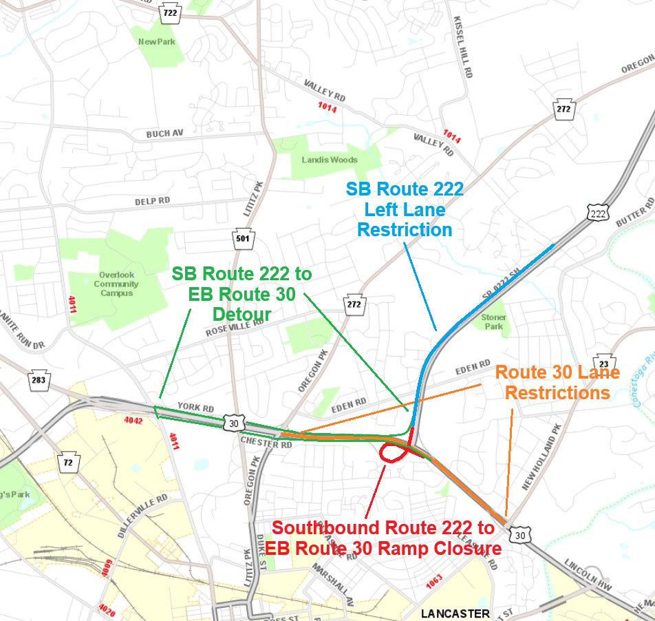 Location of work at Route 222/Route 30 interchange in lancaster County.