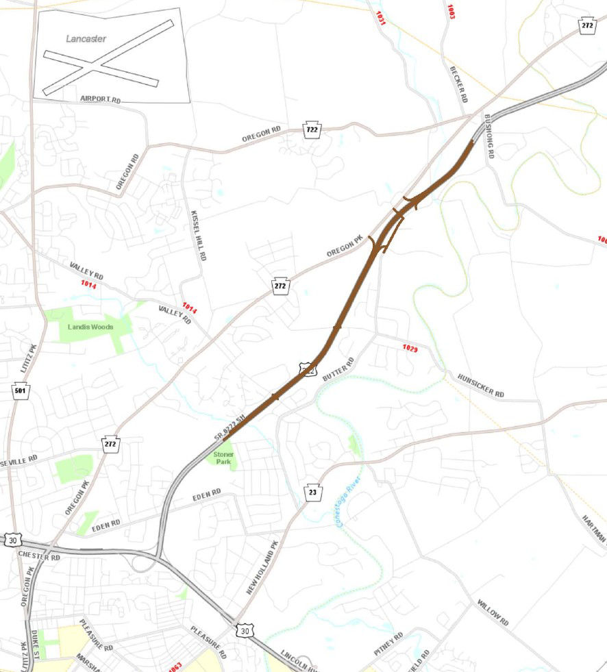 Map shows location of proposed project on Route 222 in Lancaster County.