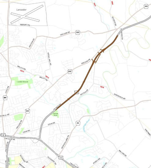 Map shows location of proposed Route 222 reconstruction project in Lancaster County.