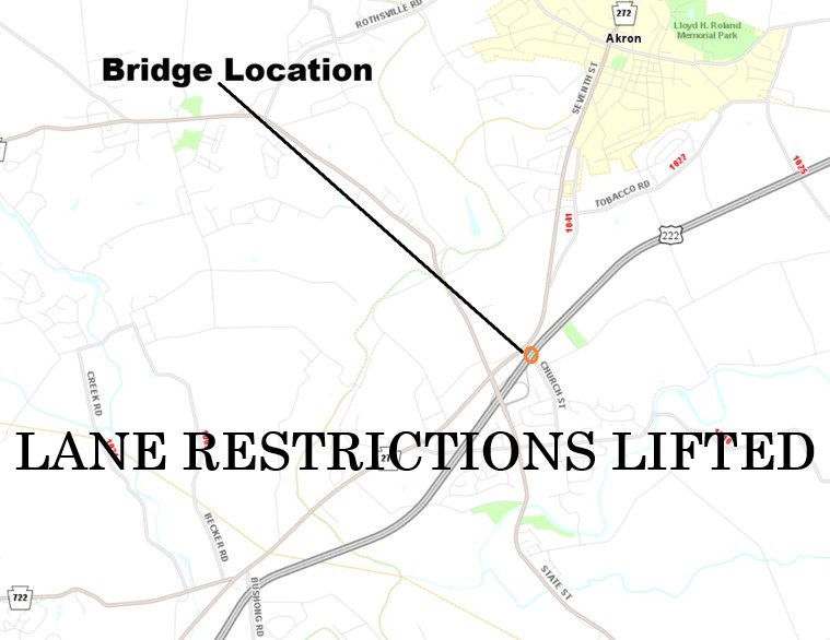 Map shows location of Route 222 bridges spanning Church Street in Lancaster County.