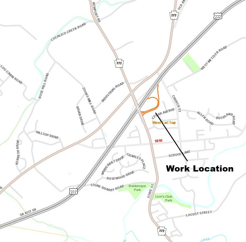 Map shows location of line painting at northbound Route 222 on and off ramps at Brownstown exit in Lancaster County.
