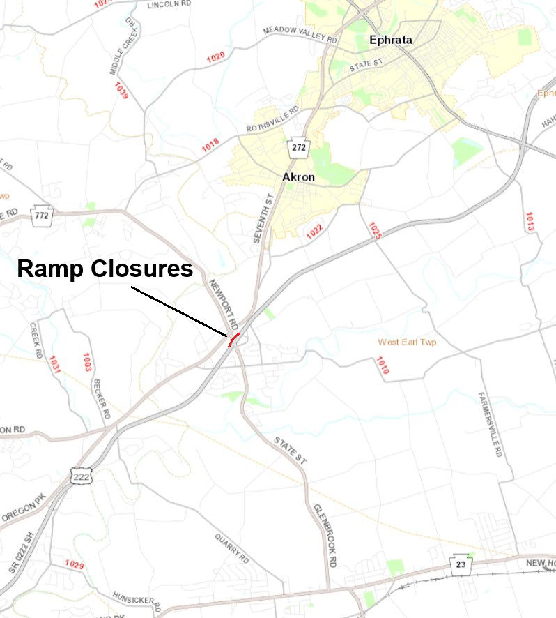 Location of the southbound Route 222 ramp closures in Lancaster County.