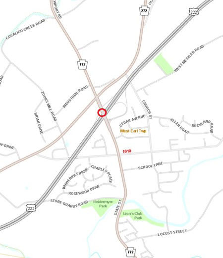 Location of southbound Route 222 bridge work in Lancaster County.