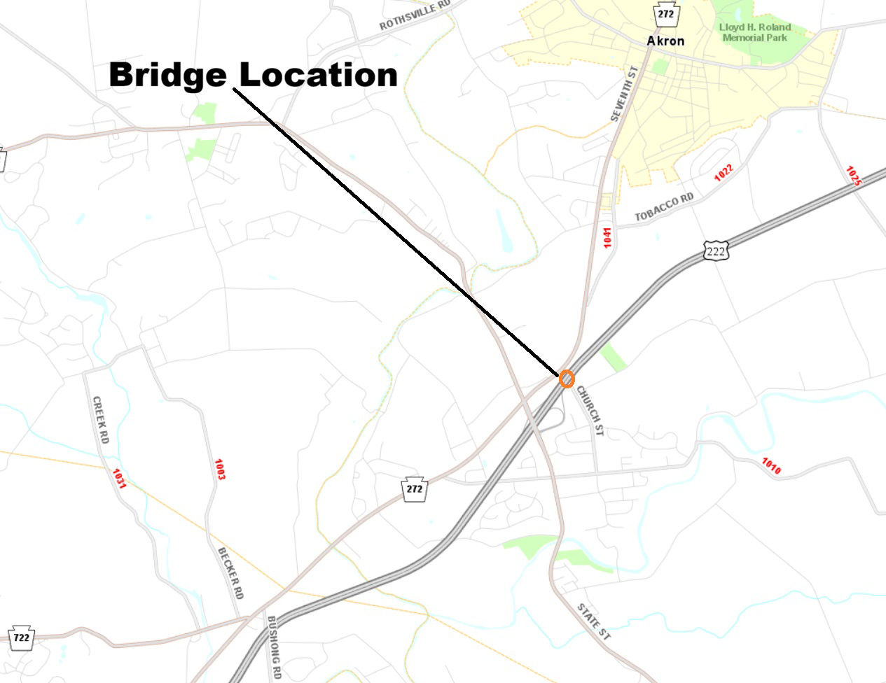 Map shows location of Route 222 bridges spanning Church Street in Lancaster County.