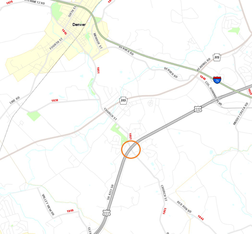 Location of work on Route 222 bridge over Church Street in Lancaster County.