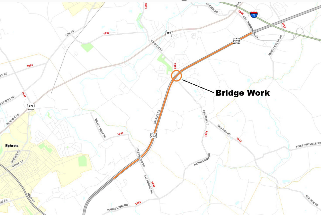 Location of Route 222 bridge over Church Street in Lancaster County.