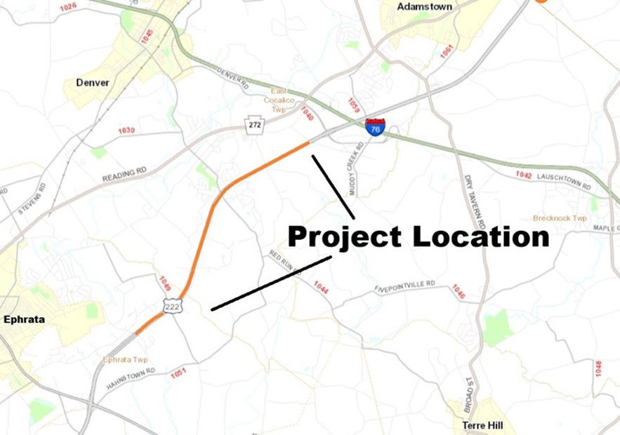 Orange line on map shows location of raised pavement marker installation on Route 222 in Lancaster County.