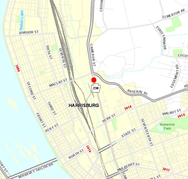 Location of Cameron Street bridge over Asylum Run in the City of Harrisburg.