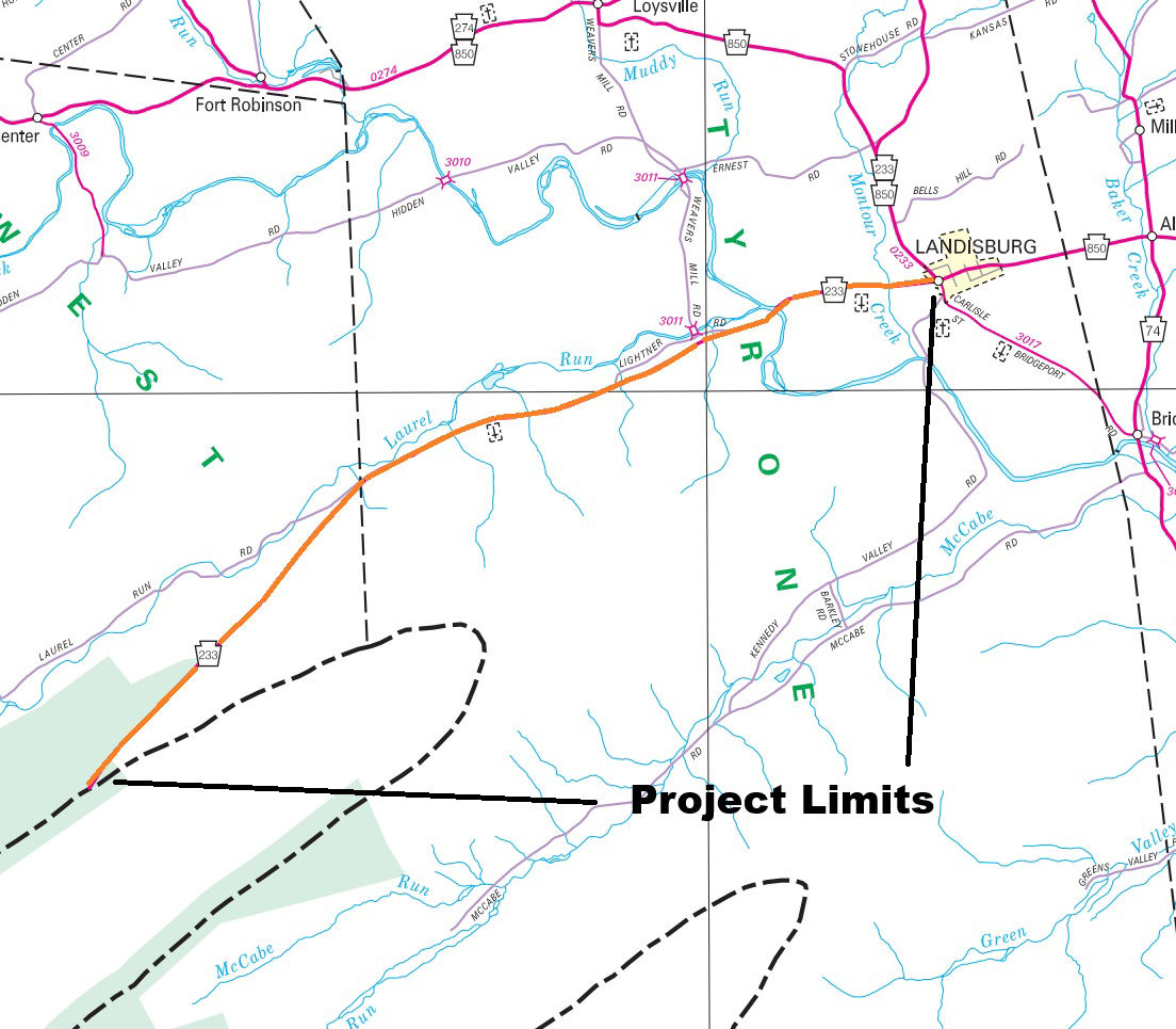 Map shows location of pavement preservation project on Route 233 in Perry County.