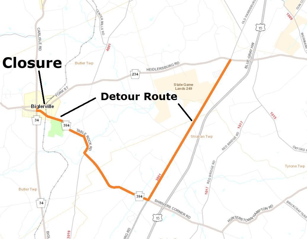 Map showing Route 234 road closure and detour route.