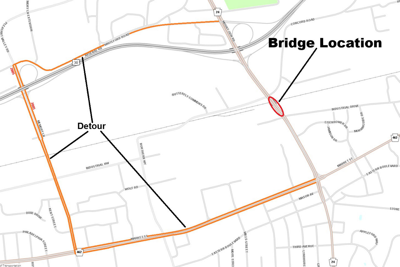 map indicating bridge location and detour route