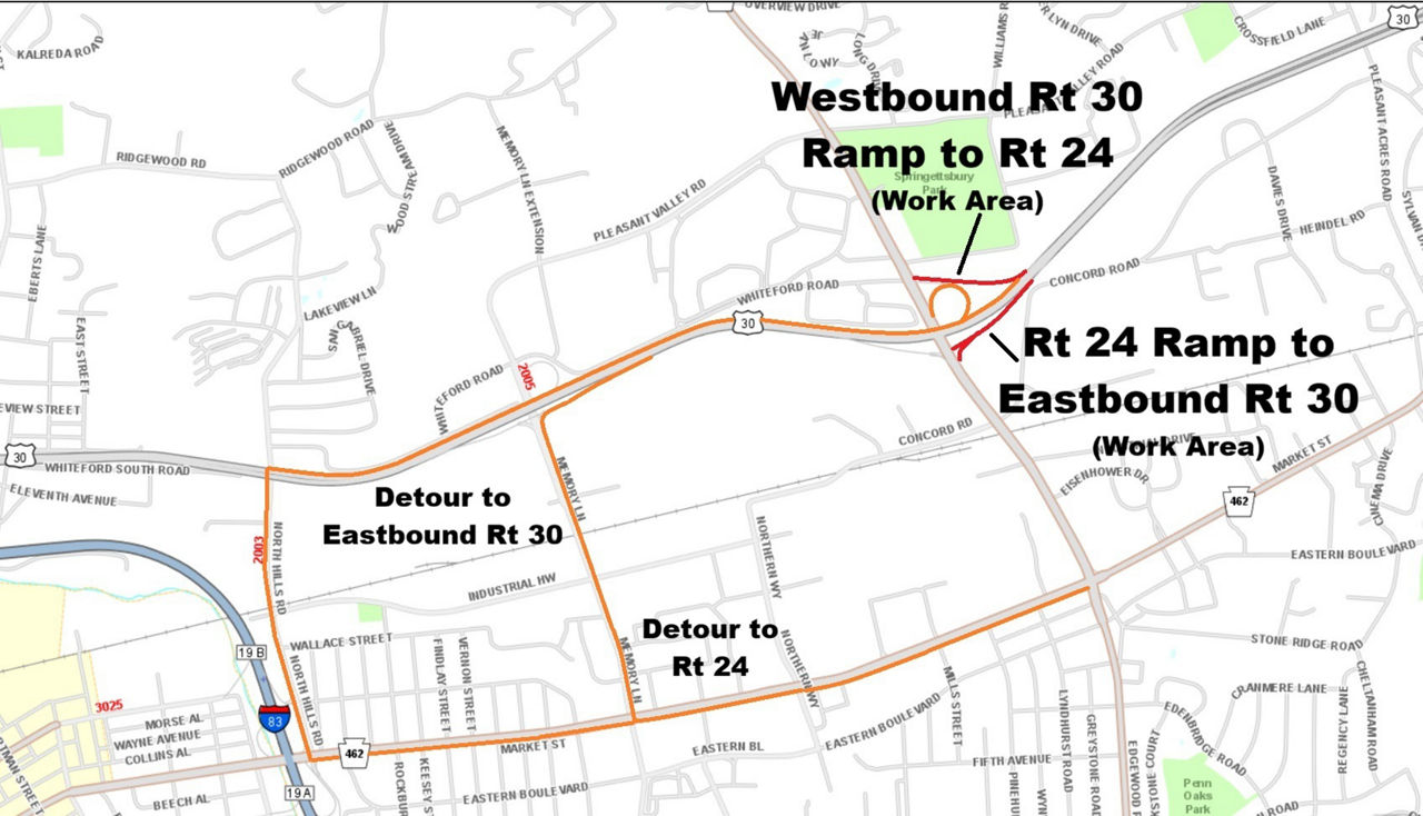 map indicating project location and detour route