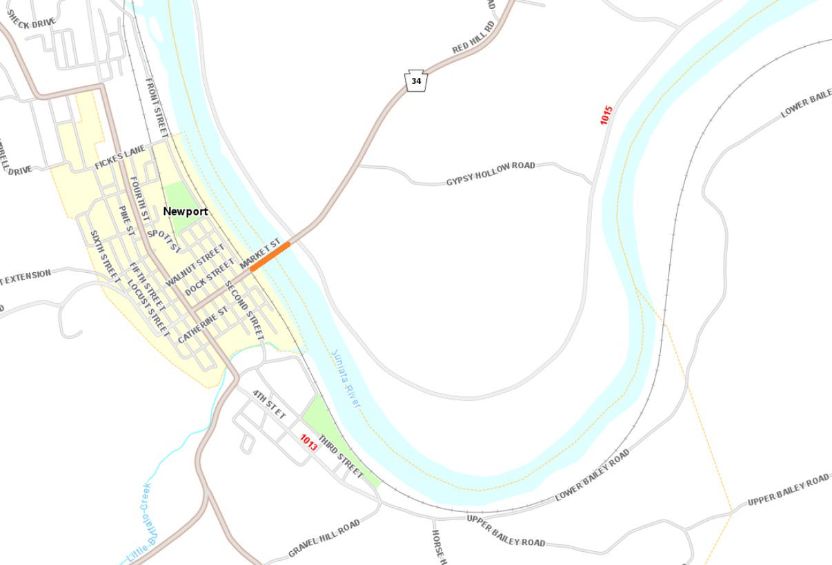 Location of Route 34 bridge over Juniata River in Newport., Perry County.
