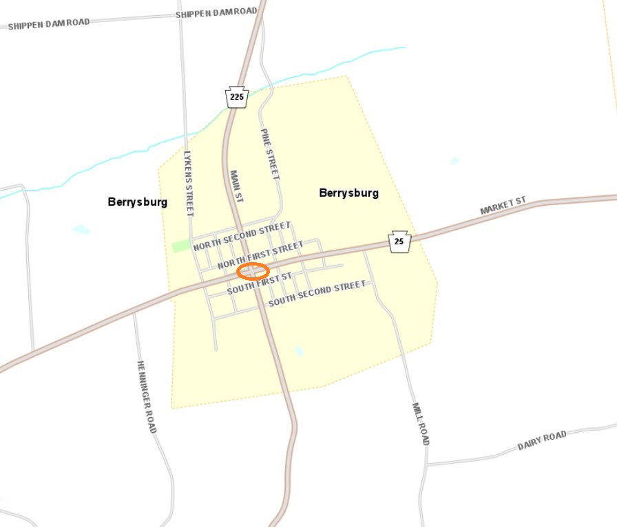 Location of new stop sign on Route 25 in Dauphin County.