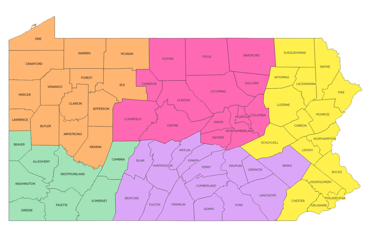 Map of Pennsylvania with county tags.